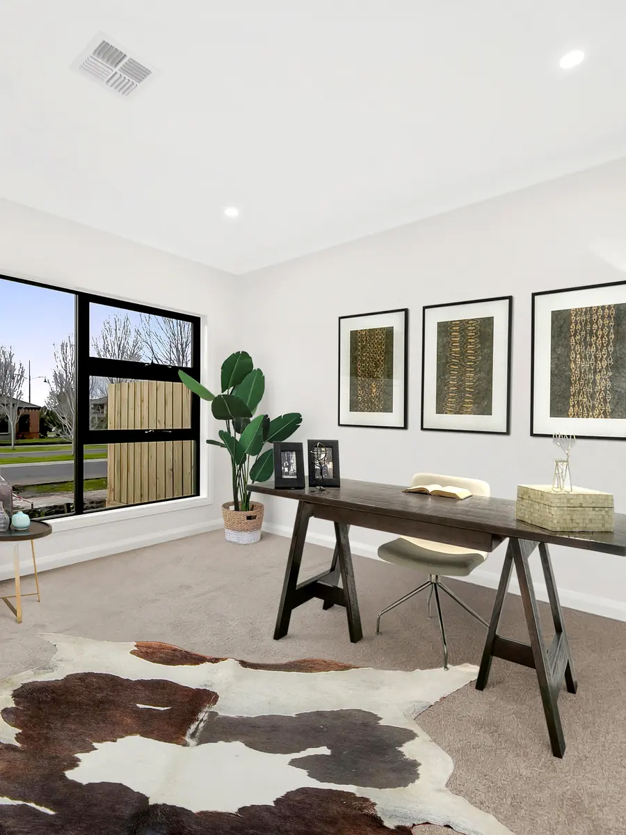 Styled home-office with cowhide rug and gallery prints &mdash; real estate videography Melbourne by Sixth Vision