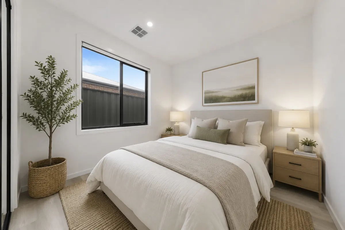 Softly styled bedroom in warm neutral tones &mdash; real estate photography Melbourne